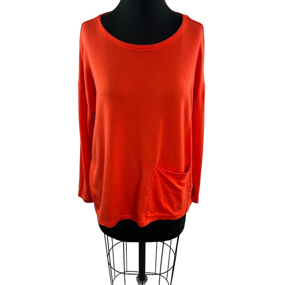 EILEEN FISHER Orange Top Stretch Boat Neck Drop Shoulder Pullover Size Small S